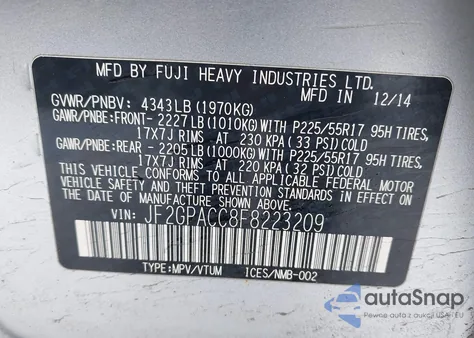 2015 Subaru Xv Crosstrek 2.0I Premium z USA, uszkodzony, nr VIN JF2GPACC8F8223209